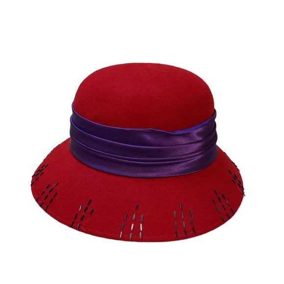 Vintage something special brimmed Red Purple Women's Hat beaded - Picture 3 of 10